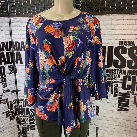 Ellos 10/12 Navy Floral Tie Waist Bell Sleeve Top - Picture 1 of 7